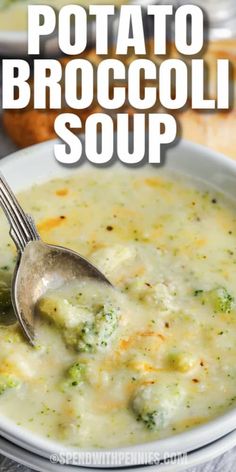 broccoli soup in a white bowl with a ladle full of it and the text overlay reads potato broccoli soup