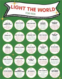 the light the world for kids poster is shown in green with white circles and stars