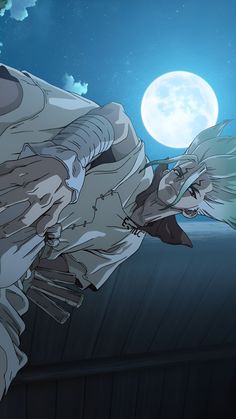 an anime character flying through the air in front of a full moon