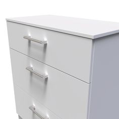 a white dresser with three drawers on each drawer and two handles that are slightly open