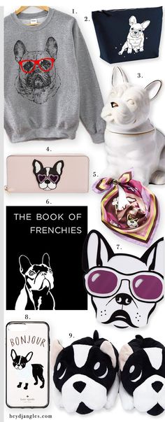 the book of frenchies is on display with other items in front of it and an image of a dog wearing sunglasses