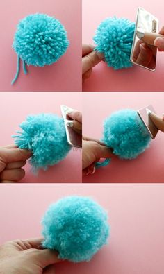 the process to make a pom - pom hairbrush is shown in four different stages