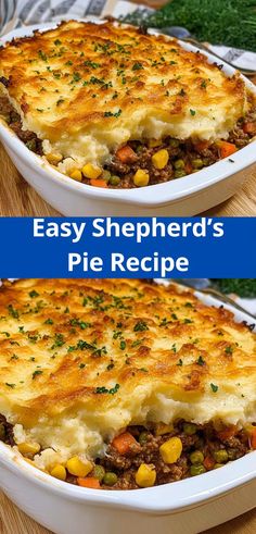 two pictures of shepherd's pie with the title above it