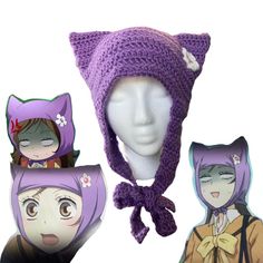 three hats are shown on top of a mannequin's head and one is wearing a cat hat