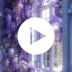 a window with purple flowers on it and the words video overlayed in white