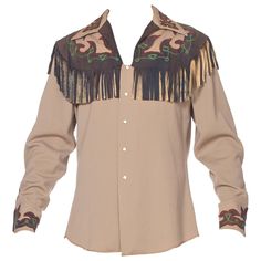 very few tiny spots, no gross soiling, in very condition. 1940S Oyster Grey Wool Gabardine Custom Made Western Shirt With Embroidered Suede Fringe Yoke & Cuffs 1920s Evening Dress, Metallic Crop Top, Disco Shirt, Western Outfits Women, Cowboy Outfits, Cowgirl Outfits, Cone Bra, Suede Fringe, Western Shirt