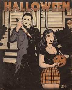 an old halloween poster with two people and a pumpkin