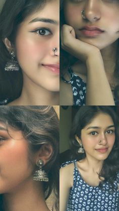 four different pictures of women with nose piercings