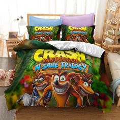 a bed with two cartoon characters on it and the words crash in front of them