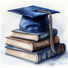 a drawing of a graduation cap on top of three books with a pencil in the middle