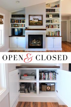 an open and closed living room with bookshelves on either side of the fireplace