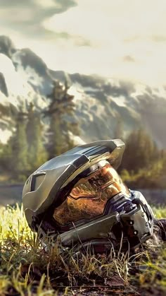 a motorcycle helmet sitting in the grass with mountains in the background