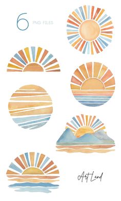 six watercolor sun illustrations on white paper with the words, 6 png files