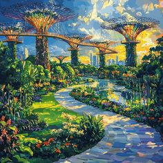 an oil painting of gardens by the water with trees and flowers on it's sides