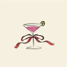 a drawing of a martini glass with a slice of lemon on the rim and ribbon around it