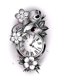 a clock with flowers around it and an eye on the face is shown in this tattoo design