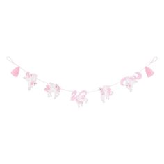 a pink and white garland with poodles hanging from it's sides on a string