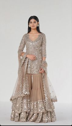 Layered Sharara, Dotti Dresses, Abhinav Mishra, Sharara Designs, Kurta Sharara Set, Trendy Outfits Indian, Kurta Sharara, Desi Wedding Dresses, Grey Mirror