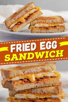 two grilled egg sandwiches stacked on top of each other with the words fried egg sandwich