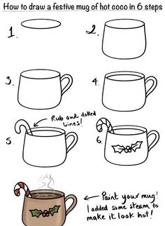 how to draw a festive mug of hot cocoa in 6 steps step by step