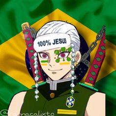 an anime character with white hair and green eyes in front of a flag that says 100 % jesus