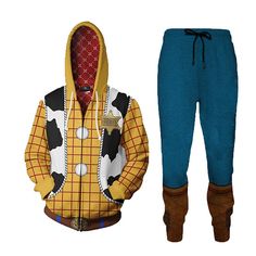 the hoodie and sweatpants are both designed to look like toy story woody from toy story