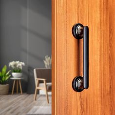 a wooden door with two black handles and a plant in the corner behind it on a hard wood floor