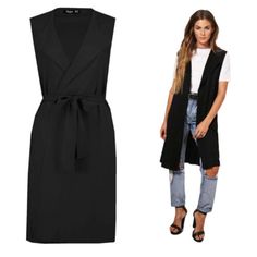 Top Seller for Black Ladies Sleeveless Tie Belted Midi Duster Jacket, Cape, Cardigan, Womens jacket Stretch V-neck Vest For Fall, Fitted V-neck Summer Outerwear, Fitted V-neck Outerwear For Day Out, Chic Stretch Vest For Spring, Fitted Sleeveless Outerwear For Fall, Sleeveless Fall Outerwear, Casual Sleeveless Workwear Cardigan, Trendy Sleeveless Outerwear For Fall, Fitted Fall Sweater Vest With Pockets