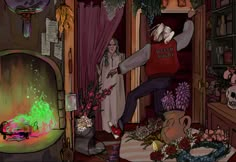 an animated image of a man standing in front of a fire place with flowers and skulls on the floor