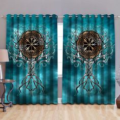 two curtains with an image of a clock on them