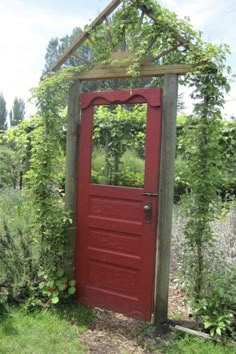 a red door in the middle of a garden with vines on it's sides