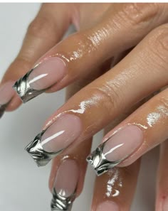 3d Chrome French Nails, Chrome Nails Designs Spring, Gel Nails Coffin Medium, Silver Drip Nails, Y2k Chrome, Press On Nail Kit, Silver Nail Designs, Nails Y2k, Black Acrylic Nails