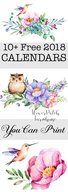 watercolor flowers and birds with the words 10 + free calendars on them for you can print