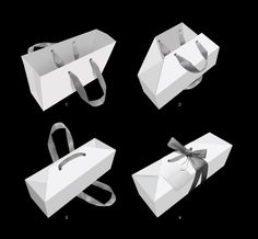 four white boxes with bows are shown in three different positions, one is open and the other is closed