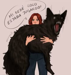 a drawing of a woman hugging a large black dog