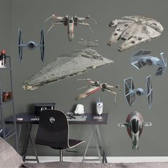 star wars wall decals in a bedroom with a desk and chair next to it