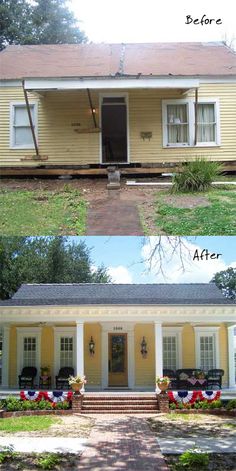 before and after photos of a yellow house with porches on each side, the front door is missing