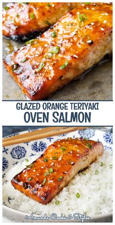 two different pictures of salmon and rice on a plate