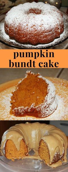 pumpkin bundt cake with frosting and powdered sugar on top, then topped with icing