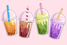 three different colored drinks in plastic cups with straws and lids on pink background, illustration