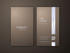 the front and back of two business cards with silver foil on them, against a brown background