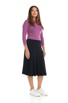 The Black Florence A-line skirt is a simple yet stylish, and flattering, below knee length panel skirt. It is made of a soft, stretchy fabric that is lightweight, comfortable and has fabulous flare. A nice fabric to dress up for the holidays, or dress down for work. Modest / Tznius A-line flary modest skirt Pull-on closure No pockets No slits Below knee-length Skirt length: Sizes XS-S: 24" M-L: 25" XL: 25.5" 1X-3X: 26" Machine wash cold inside out, hang/line to dry Slim models range from 5'5 - 5 Stretch A-line Skirt For Work, Fitted A-line Maxi Skirt With Gathered Detail, Fitted A-line Maxi Skirt With Lining, Modest Stretch Midi Skirt, Stretch Flared Pleated Skirt For Work, Stretch A-line Skirt For Fall, Stretch Midi-length Pleated Skirt For Workwear, Stretch Midi Length Pleated Skirt For Work, Versatile Gathered Midi Skirt