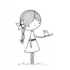 a drawing of a girl holding a bird in one hand and an apple in the other