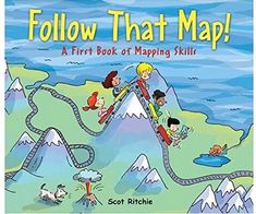 the book cover for follow that map, with children climbing up a mountain in the background