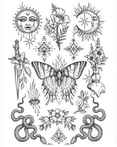 a tattoo design with flowers, butterflies and other things on it's back side