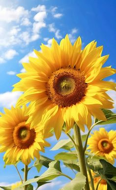 three sunflowers are in the foreground with blue sky and clouds behind them