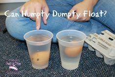 two plastic cups sitting next to each other on top of a blue carpet with the words can humpty dumpty float?