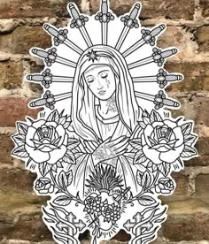 the virgin mary surrounded by flowers on a brick wall