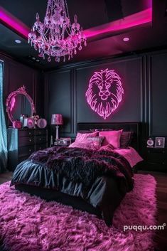 a bedroom with purple lighting and a lion head on the wall above the bed,