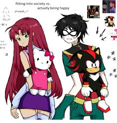 two anime characters, one with pink hair and the other with red hair holding a white cat